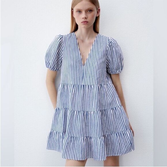Zara Cotton Linen V Neck Striped Tiered Mini Dress - Picture 10 of 10